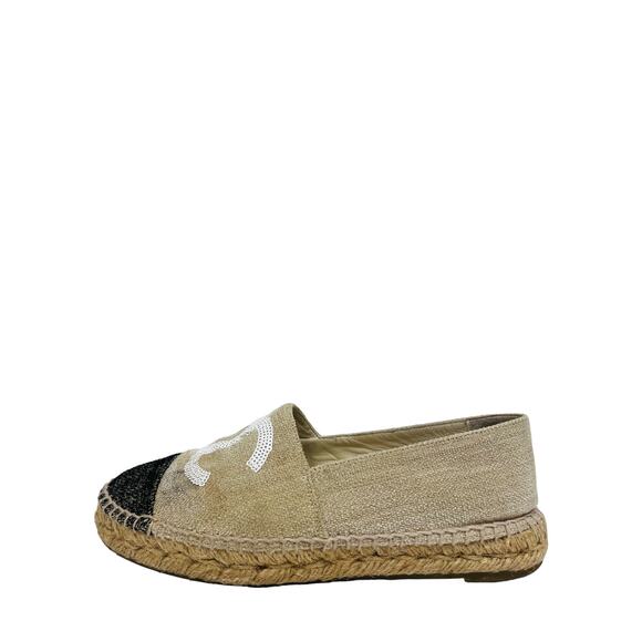 CHANEL Beige Black CC Toile Canvas Sequin Espadrilles Flats Size 37 US 7 - Picture 1 of 9